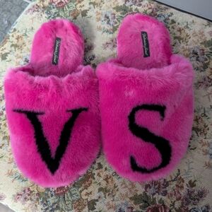 Victoria's Secret Hot Pink Faux-Fur Slide Slippers with Black Letters